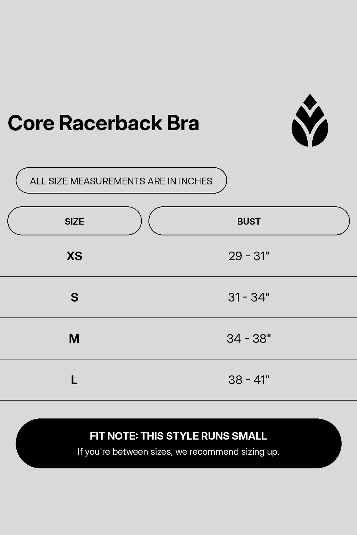 core-racerback-bra size chart