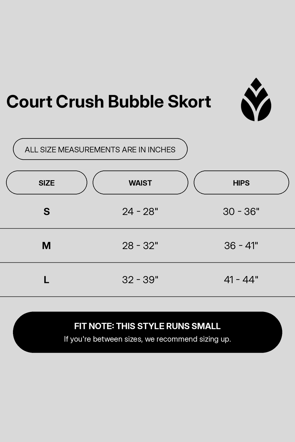 court-crush-bubble-skort size chart