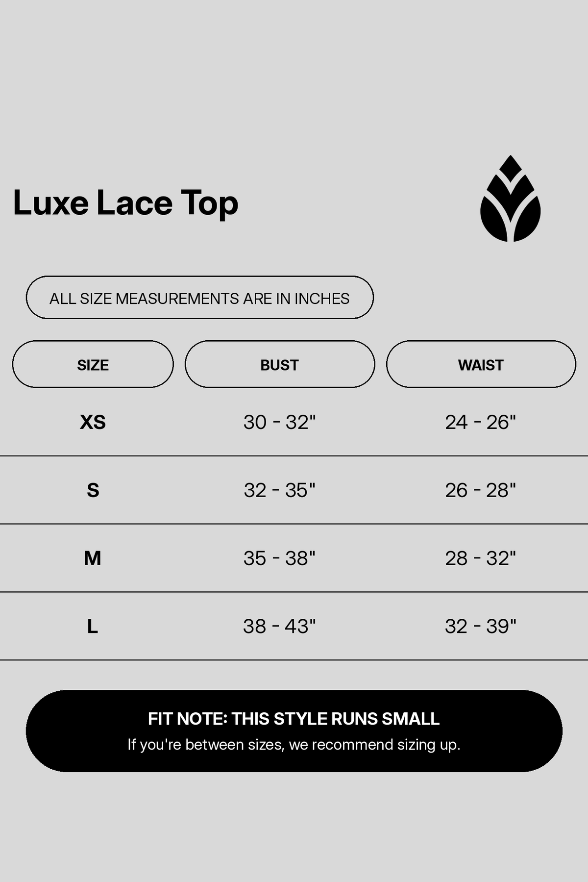 luxe-lace-top size chart